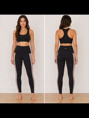 Gaiam Black Beige Side Panel High-Rise Leggings w Pockets Size Small